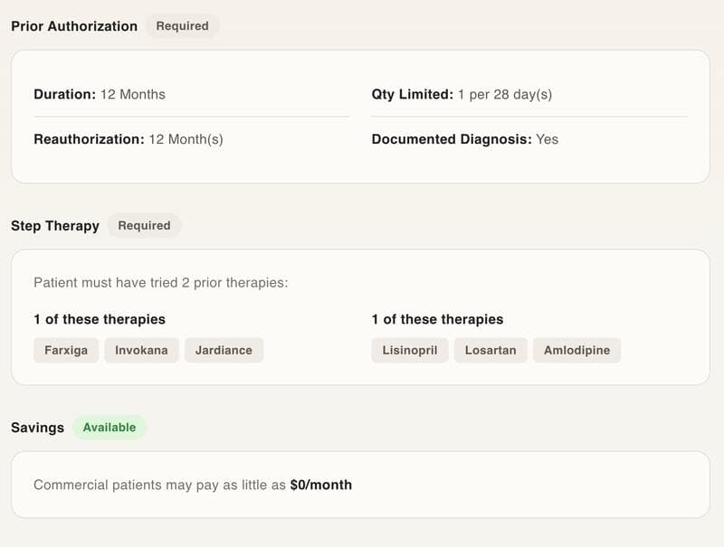 Coverage details showing prior authorization requirements, step therapy drugs, and savings information