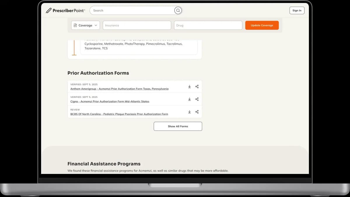 PrescriberPoint showing downloadable prior authorization forms