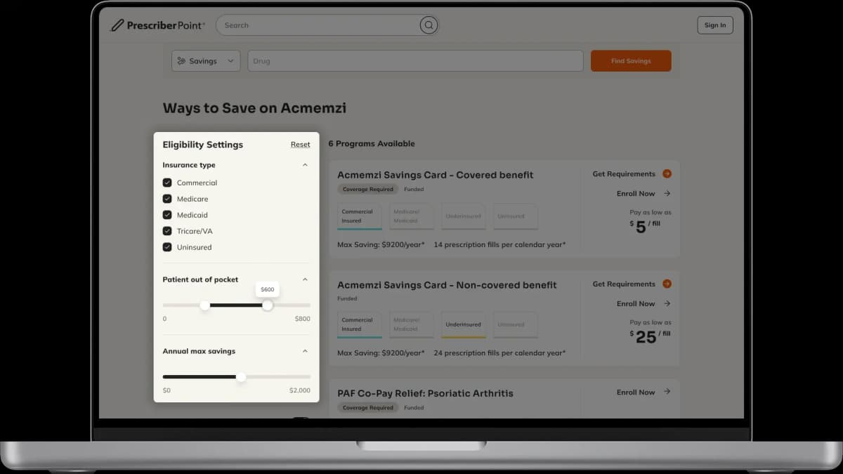 PrescriberPoint eligibility settings with insurance type filters and savings programs
