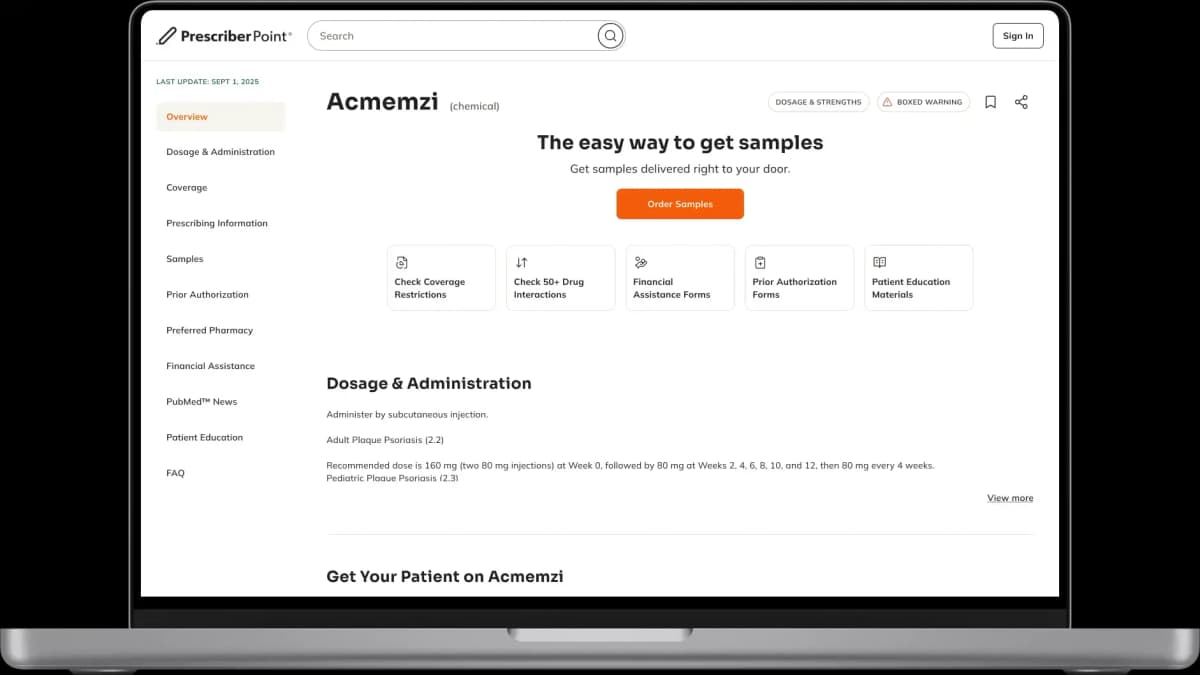 PrescriberPoint prescribing information interface showing up-to-date drug data on a laptop